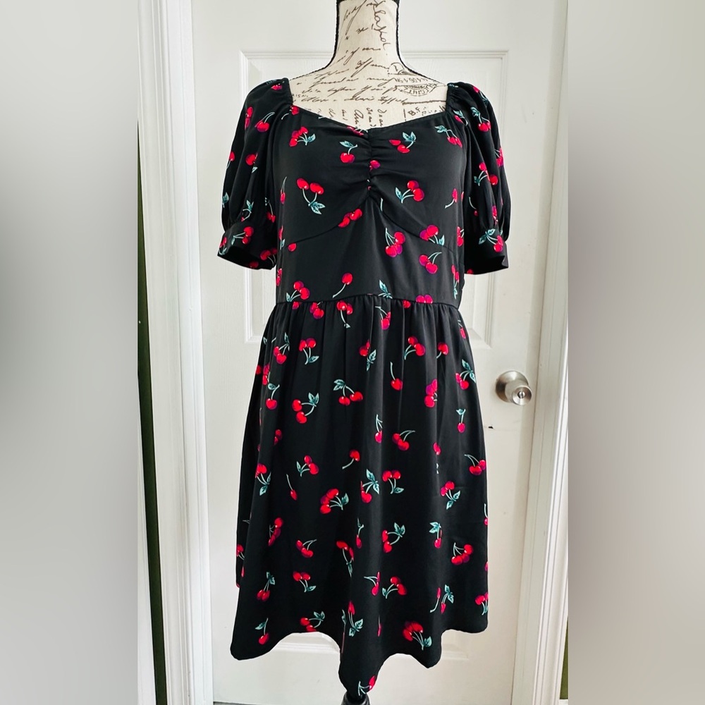 Elegant Black Cherry Print Midi Dress